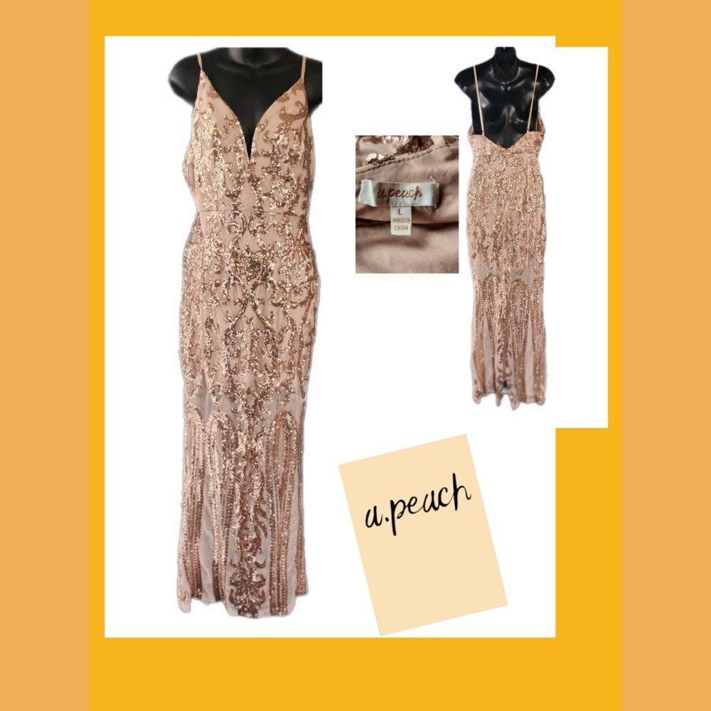 A. PEACH ROSE GOLD MAXI SEQUINS & MESH MAXI DRESS
